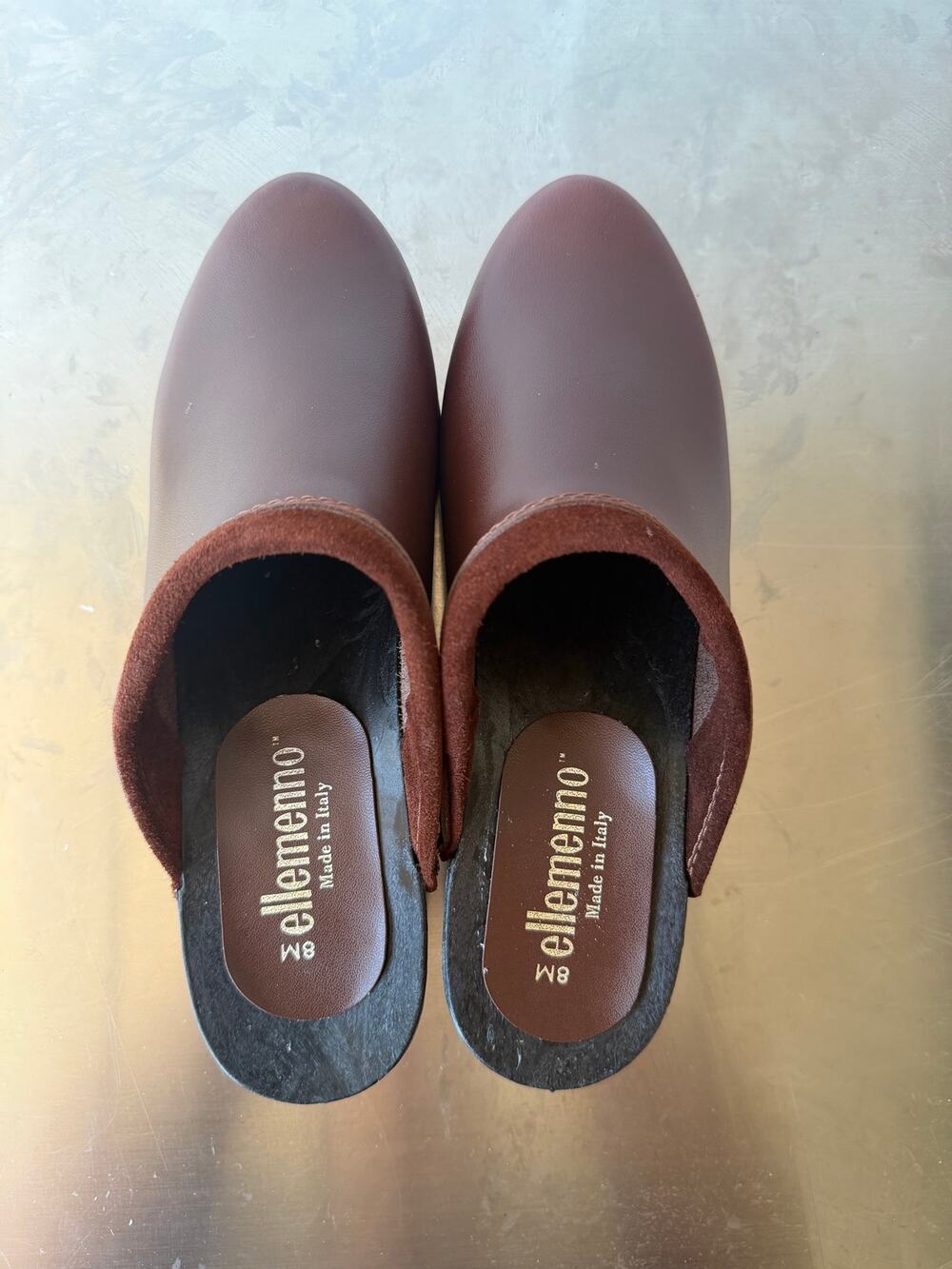 Ellemenno Baron Brown Leather Wood Clog Shoes Women Size 8M/EU 39